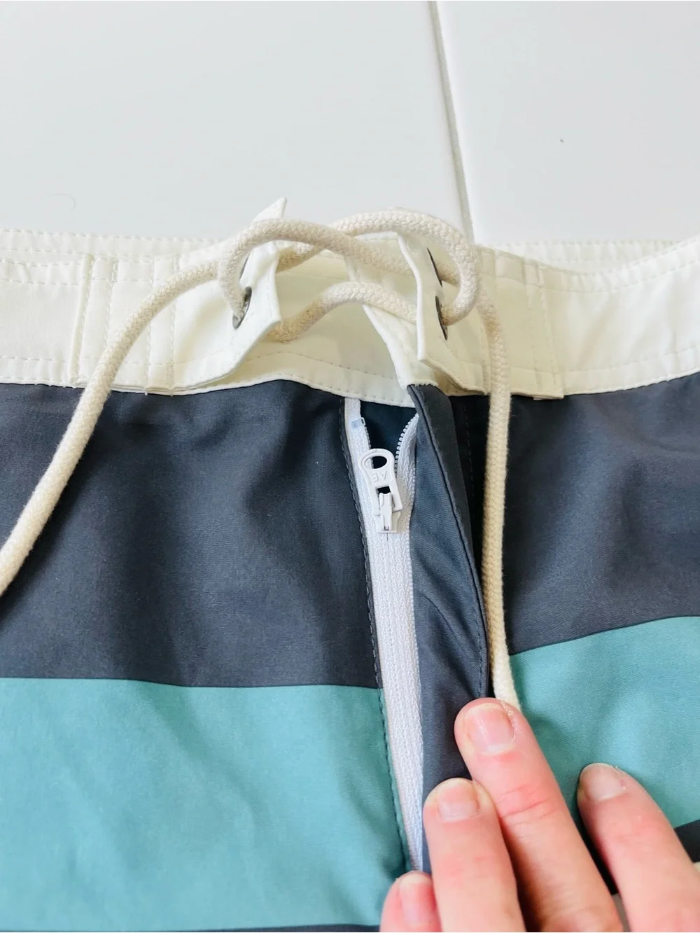 American Eagle Outfitters Navy Swim Shorts with Teal Stripe and White Waist